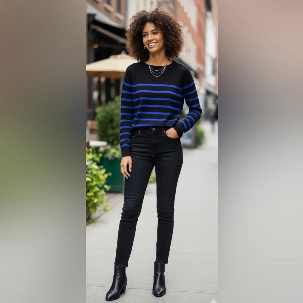 Zara Black and Blue Nautical Crew Neck Sweater lightweight Great for spring - Picture 4 of 10